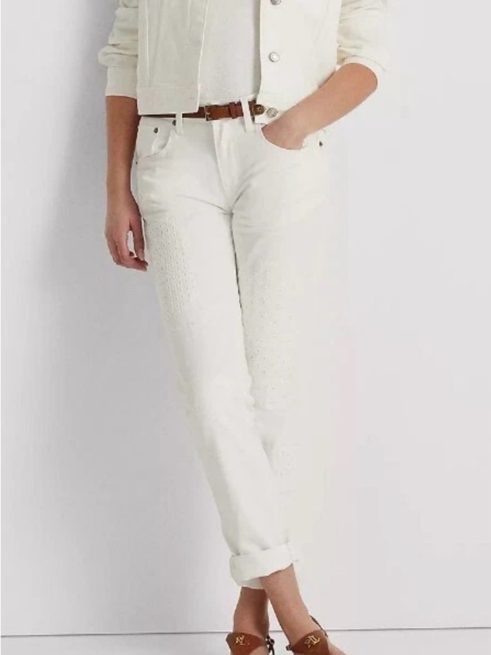 Lauren Ralph Lauren White Patchwork Jeans with Eyelet Patches “Mended” Spots.